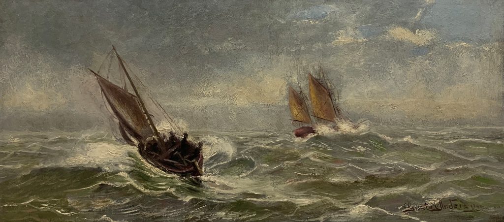 Painting of two ships at sea, after conservation.