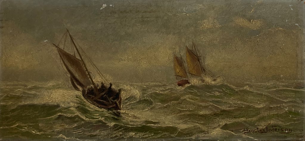 Painting of two ships at sea, before conservation.