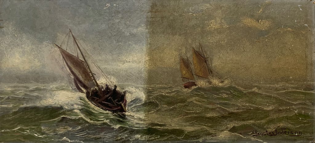 Painting of two ships at sea, during conservation.